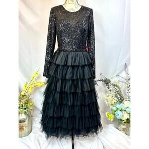 Ieena for Mac Duggal Long Sleeve Ruffle Tiered Tea Length Dress Black 12